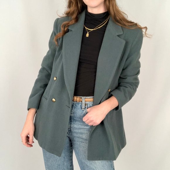 Vintage Jackets & Blazers - Vintage Cashmere Wool Blend Double Breasted Oversized Preppy Blazer Jacket Coat